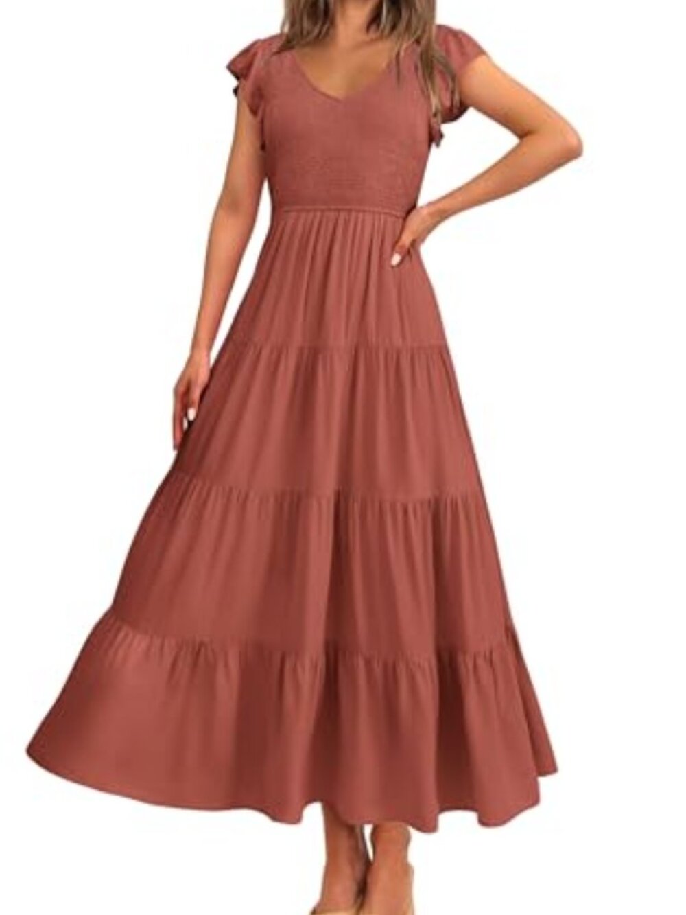 🆕 Womens Summer Flowy Maxi Dress Casual Cap Sleeve V Neck Smoc - Solid Brick